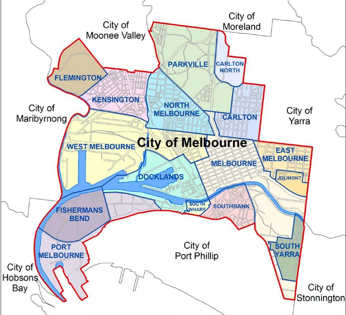 карта на Мелбурн и околните области